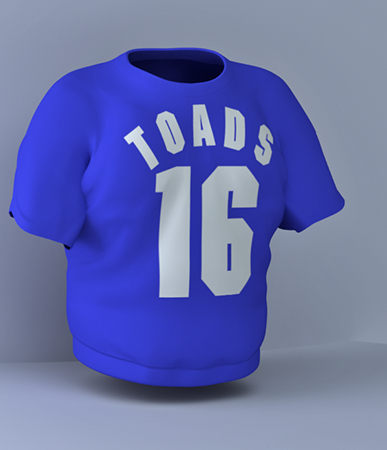 A blue team jersey with TOADS 16 set in large text on the front.
