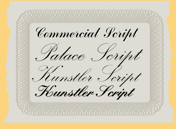 Examples of Commercial, Palace, and  Kunstler Script typefaces.