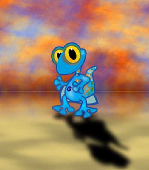 Drawing of a blue lizard on a surreal background.