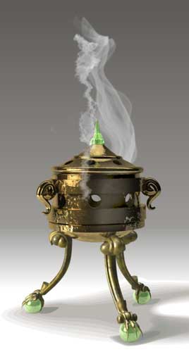 Brass incense burner with wafting smoke.